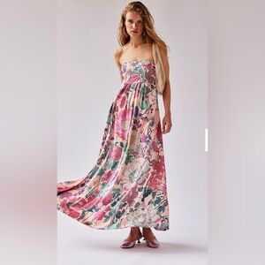 Free People $300 Botanical Long Maxi Strapless Dress‎ Combo Rose Floral Bohemian